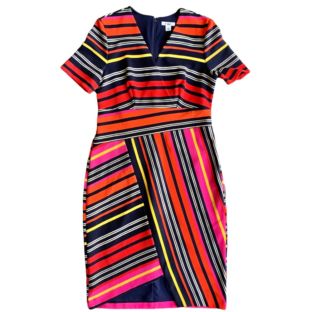 Cato Colorful Textured Stripes V-Neck Asymmetrical Slit Sheath Dress - Size 12